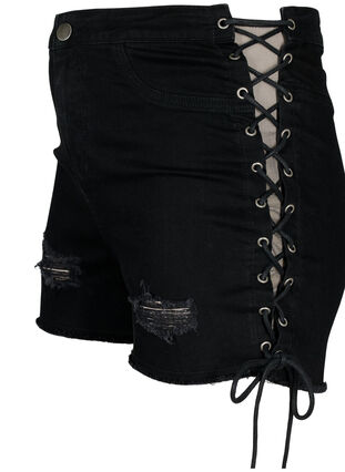 Podarte szorty jeansowe ze sznurkiem w pasie, Black Denim, Packshot image number 2