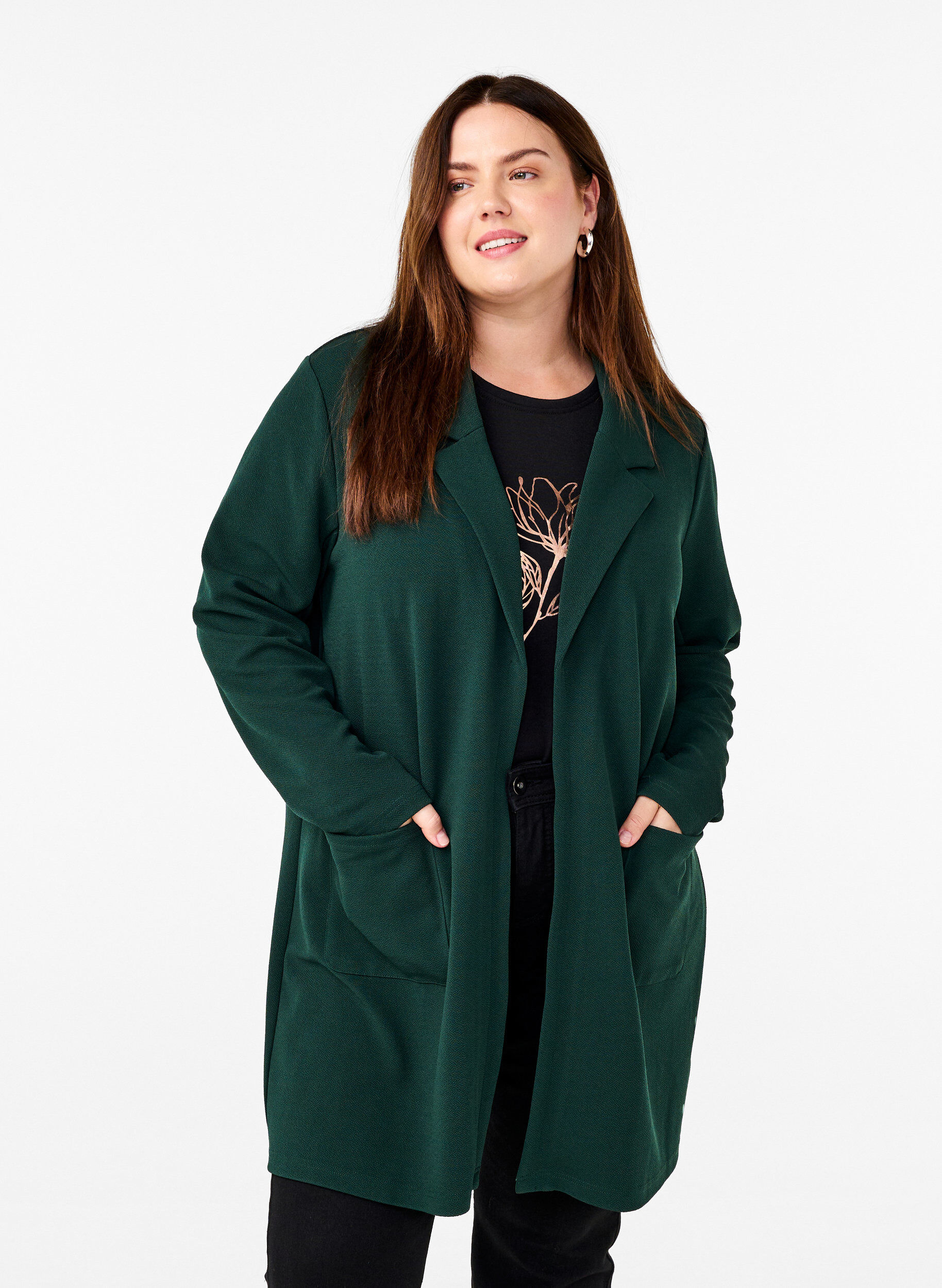 Dluga marynarka z kieszeniami, Zielony, Model