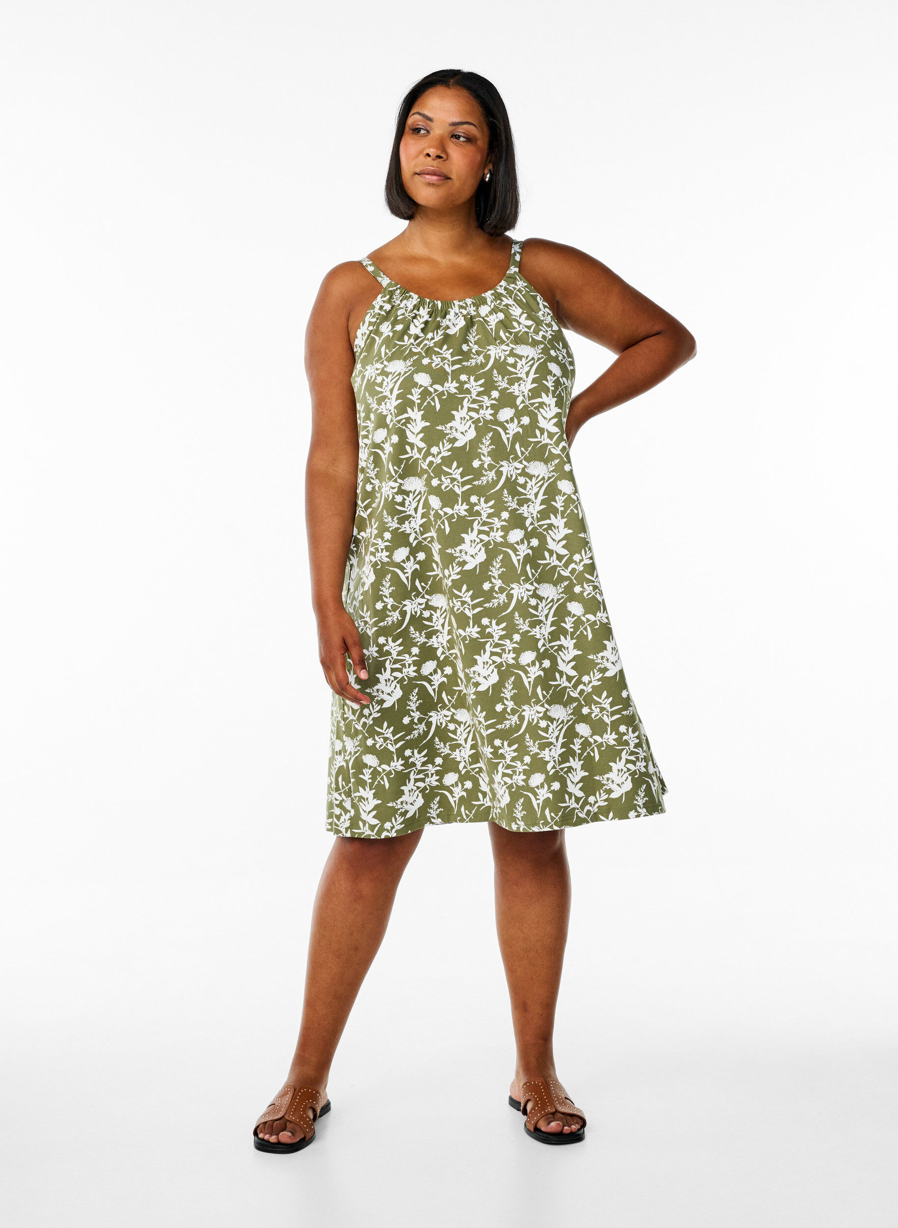 Zizzi Sukienka midi na ramiaczkach z organicznej bawelny, Zielony, Model image number 1