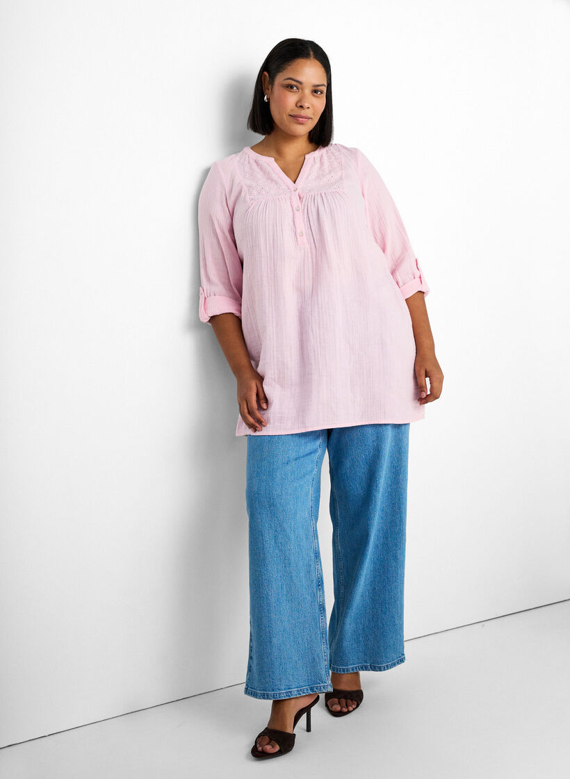 Tunika z bawelnianej, muslinowej tkaniny z haftem angielskim, R&oacute;żowy, Image image number 0