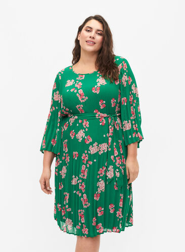 Wzorzysta plisowana sukienka z wiazaniem, Jolly Green Flower, Model image number 0