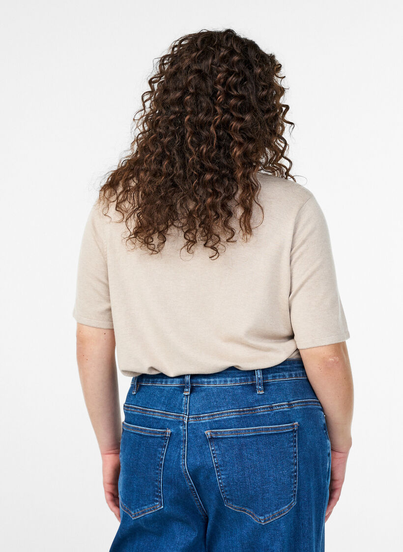 Dzianinowa bluzka z krótkim rekawem z wiskozy, Beżowy, Model image number 2