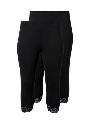 2-pair legginsy 3/4 z koronkowym wykonczeniem, Black / Black, Packshot image number 0