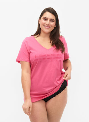 Bawelniana koszulka od pizamy z nadrukiem, Hot Pink w. Be, Model image number 0