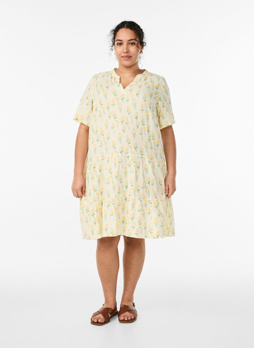 Kr&oacute;tka sukienka o linii A z bawelnianego muslinu, Ż&oacute;łty, Model image number 1