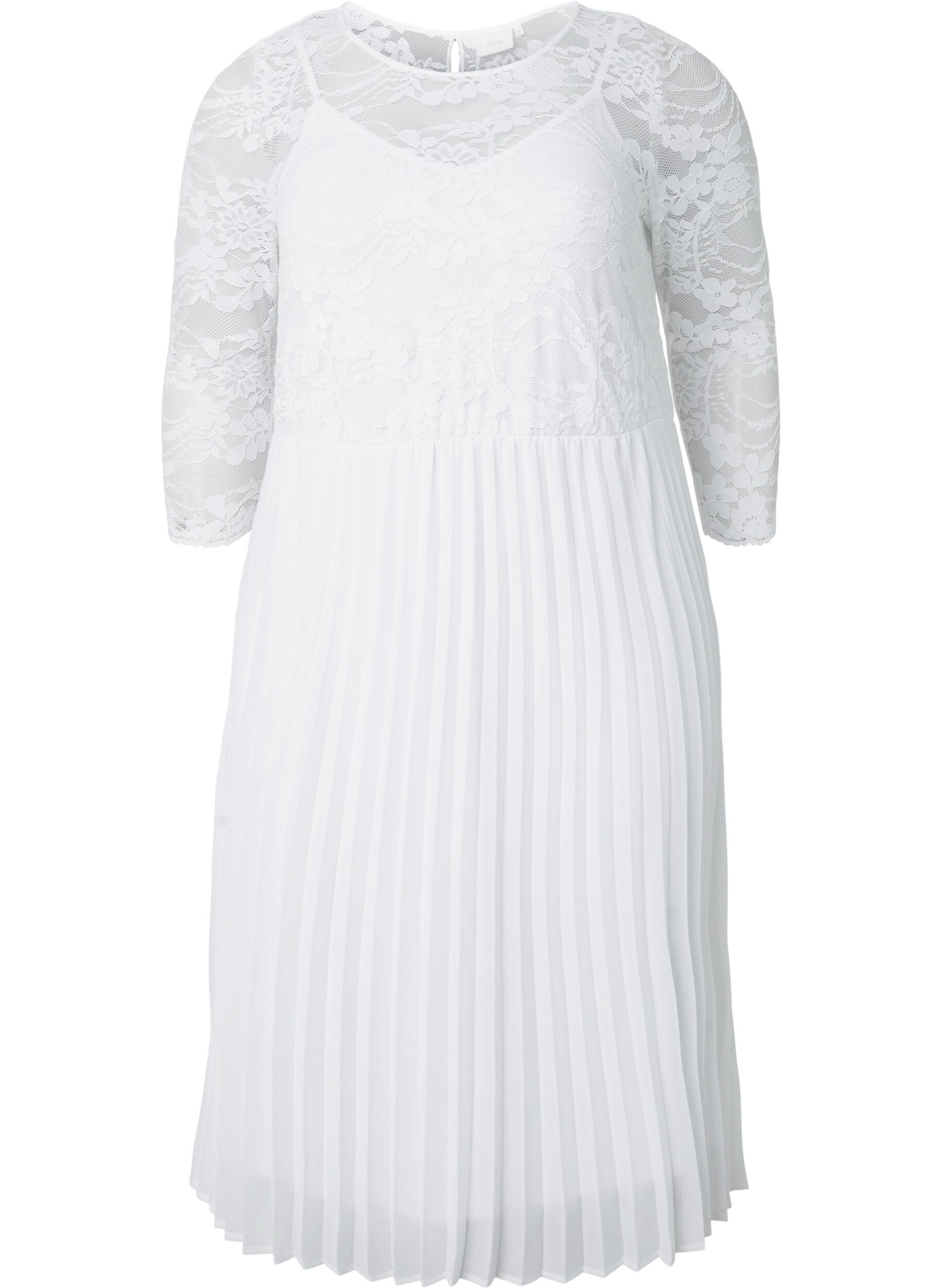 Zizzi Pleated dress with lace and 3/4 sleeves, Bright White, Packshot image number 0