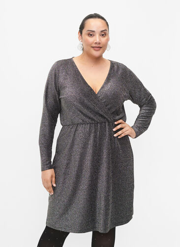 Brokatowa sukienka kopertowa z dlugimi rekawami, Black Silver, Model image number 0