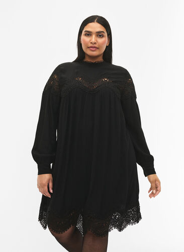 Sukienka z wiskozy z haftowanymi detalami, Black, Model image number 0