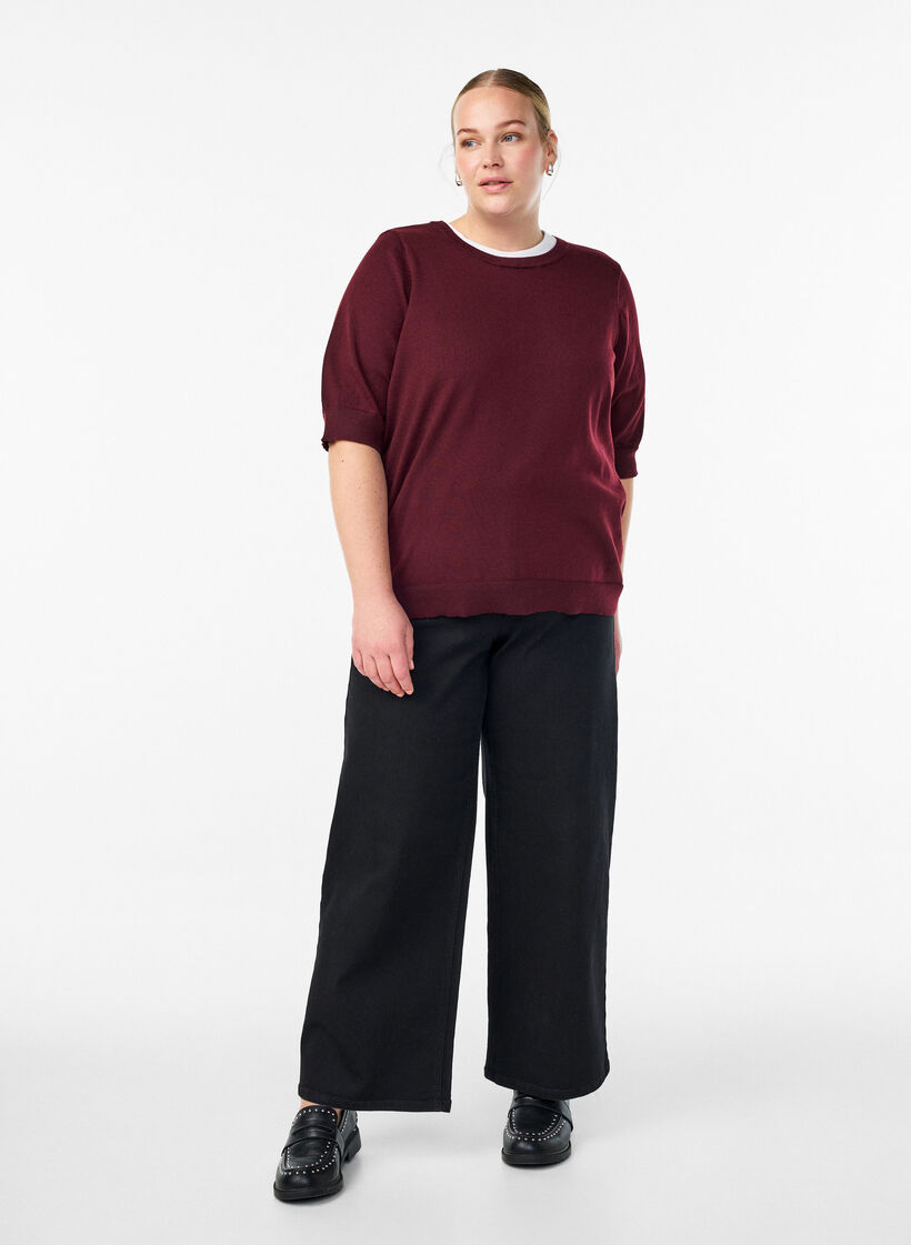 Cienko dzianinowa bluzka z kr&oacute;tkimi rekawami, Czerwony, Model image number 1