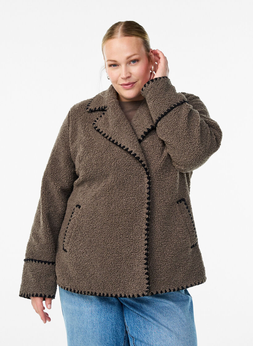 Kurtka pluszowa z kontrastowymi detalami, Brązowy, Model image number 0