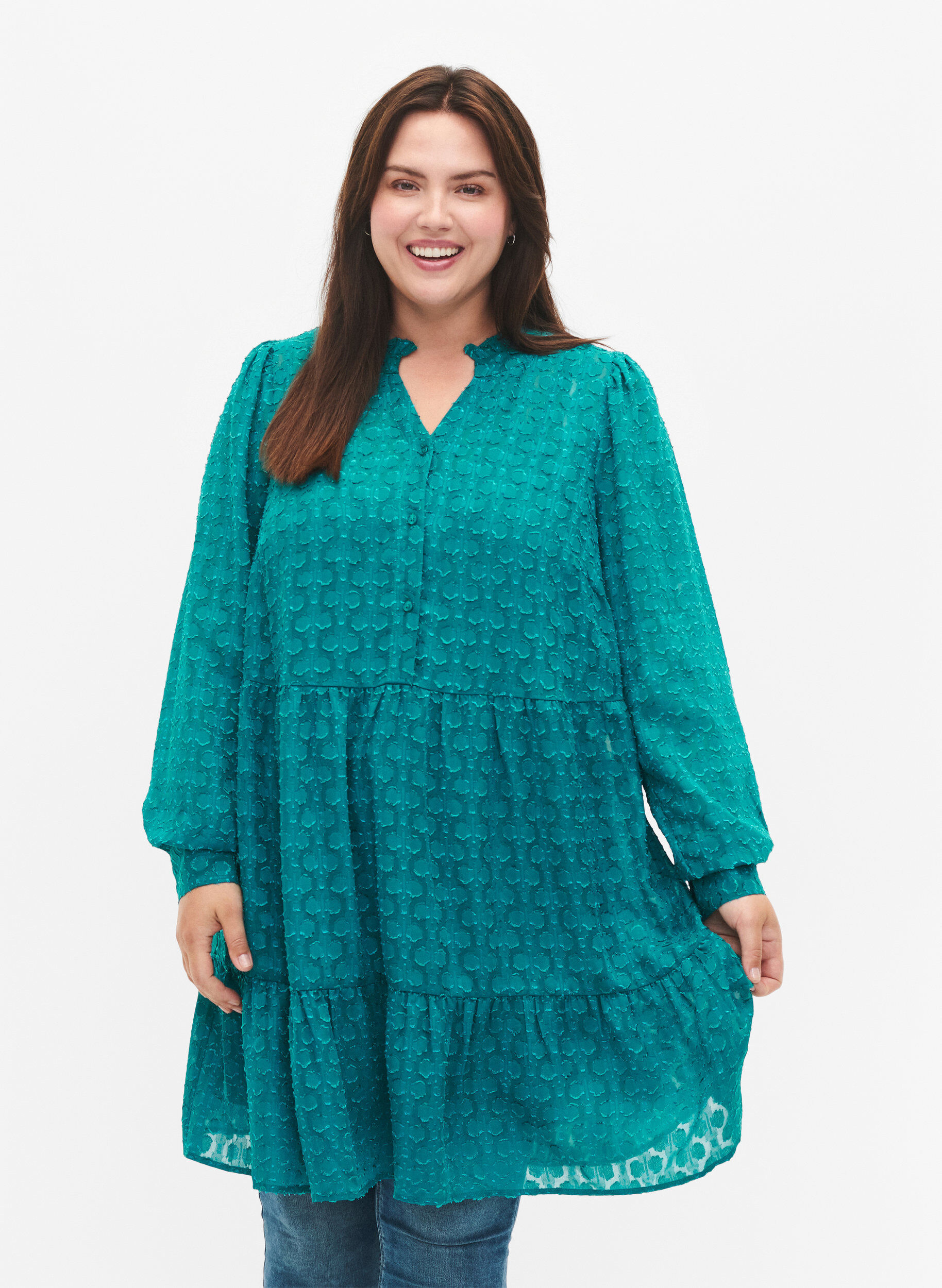 Zizzi Zakardowa sukienka z kolnierzykiem z falbana, Deep Lake, Model image number 0