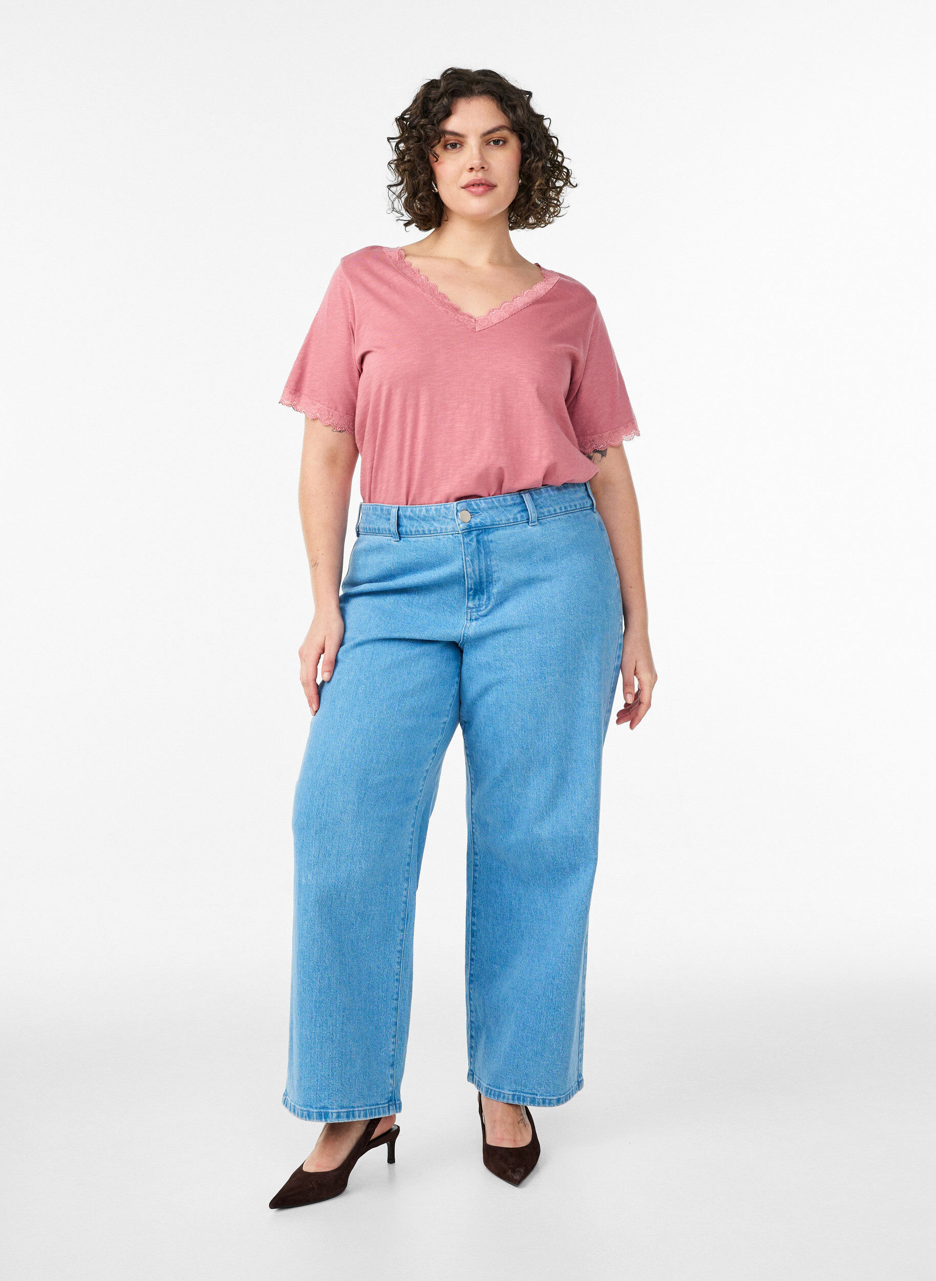 Zizzi Koszulka z koronkowym wykonczeniem, R&oacute;żowy, Model image number 1