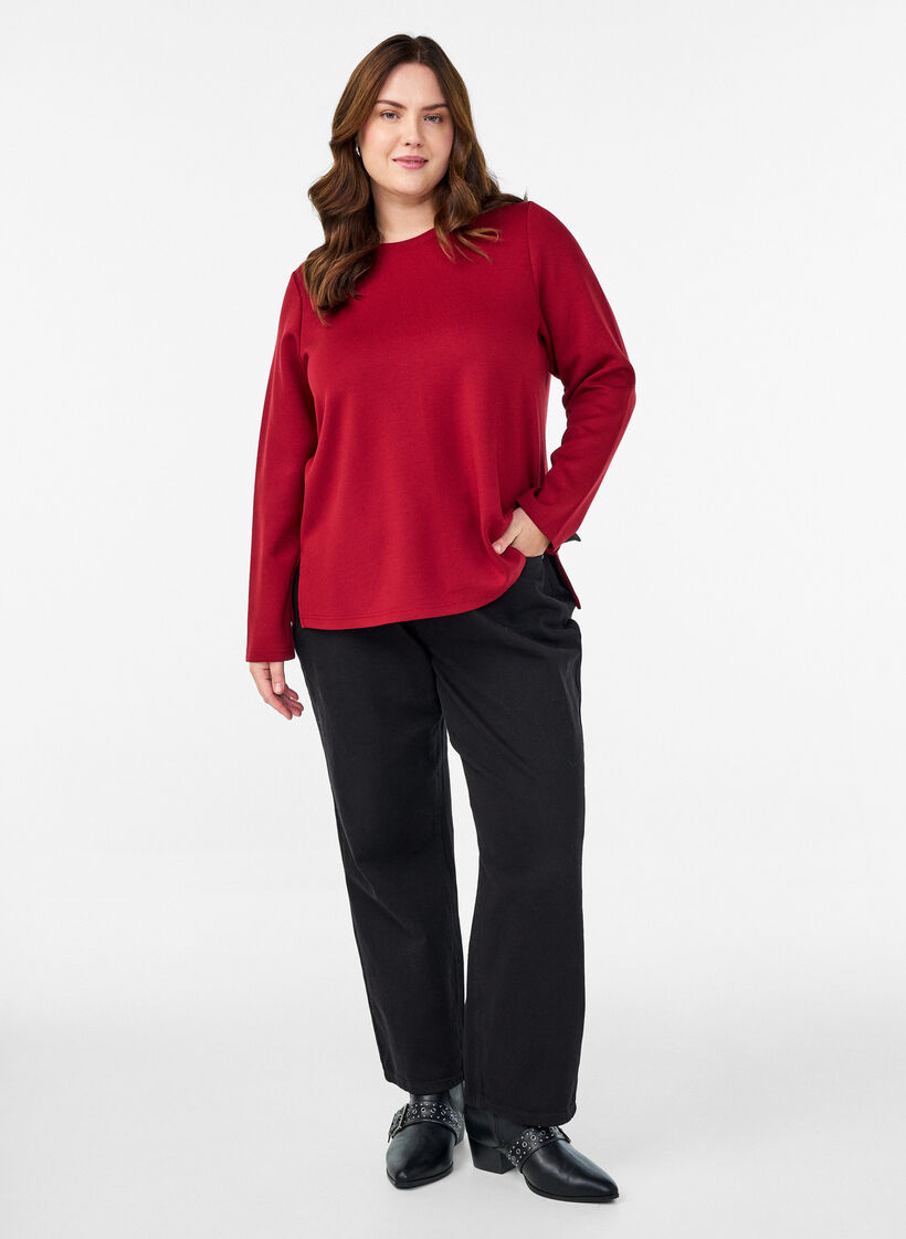 Bluzka z dzianiny z okraglym dekoltem, Czerwony, Model image number 1