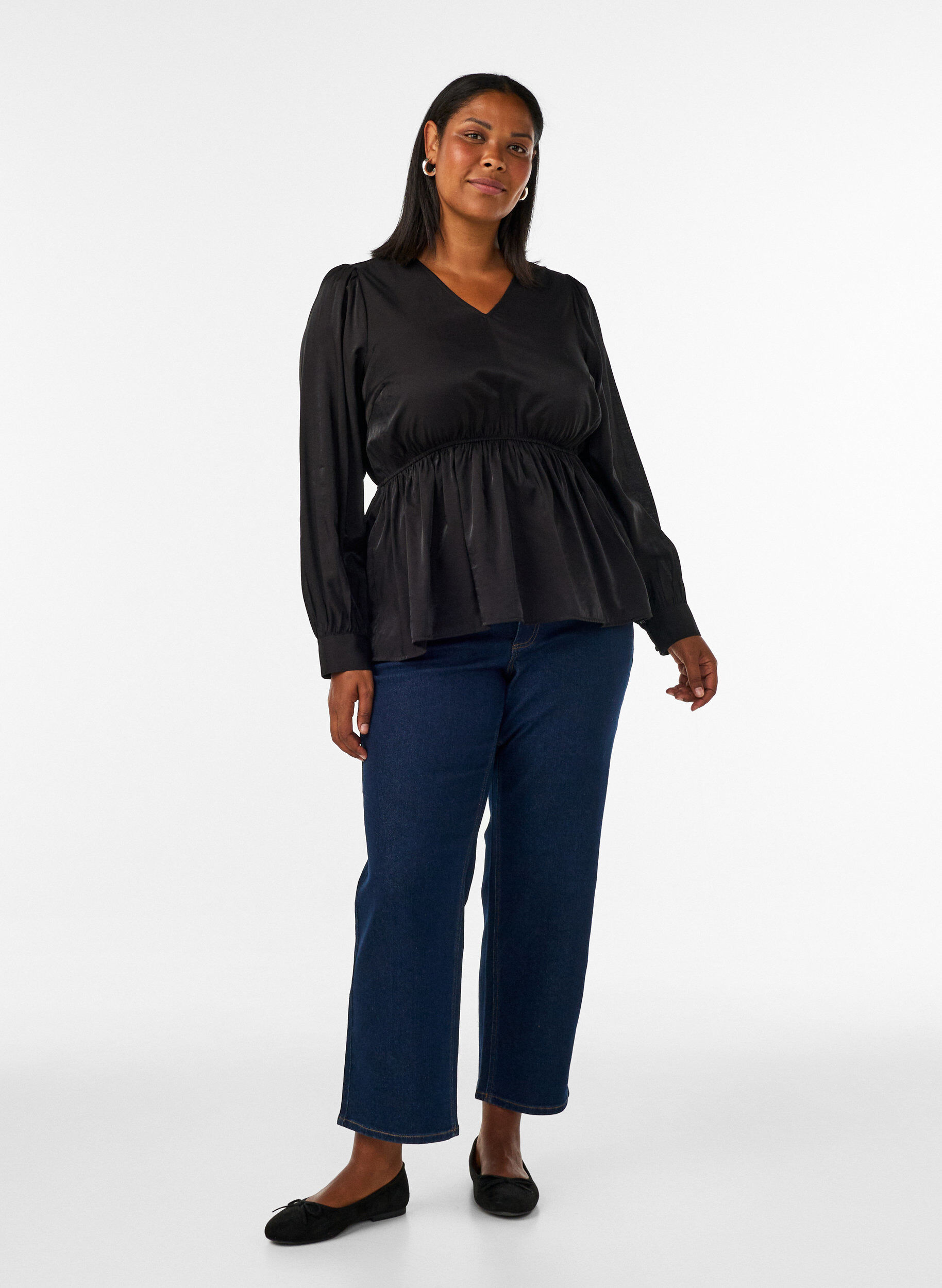ZizziBlyszczaca bluzka z wiskozy z efektem peplum, Czarne, Model image number 1