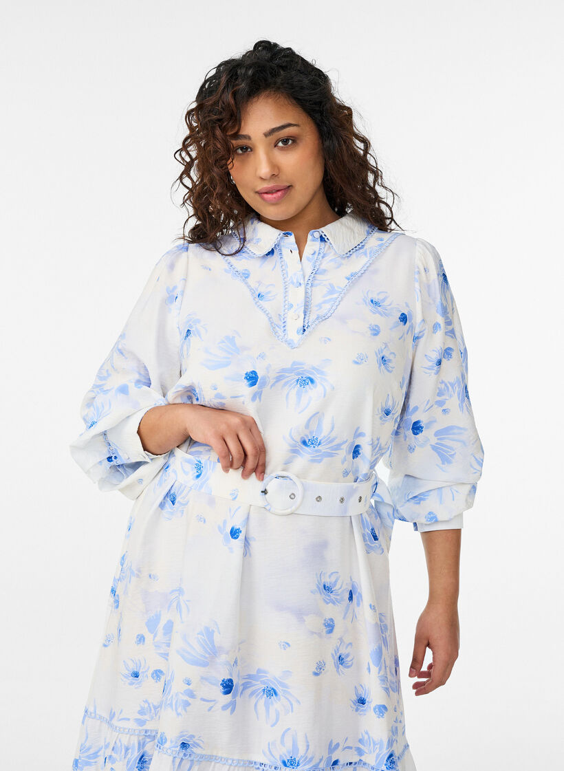 Kwiatowa sukienka midi z pasem i dlugim rekawem, Niebieskie, Model image number 2