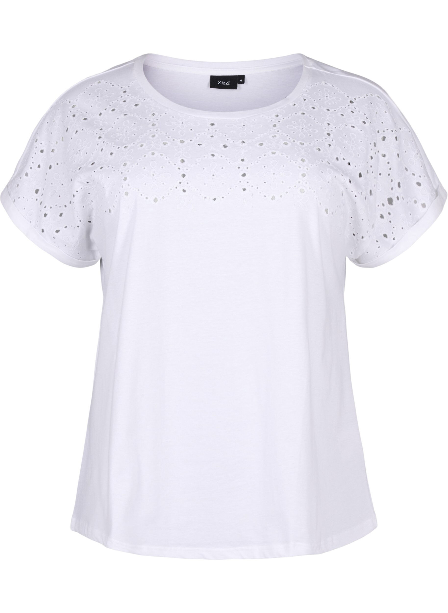 Zizzi T-shirt z organicznej bawelny z haftem angielskim, Bright White, Packshot image number 0