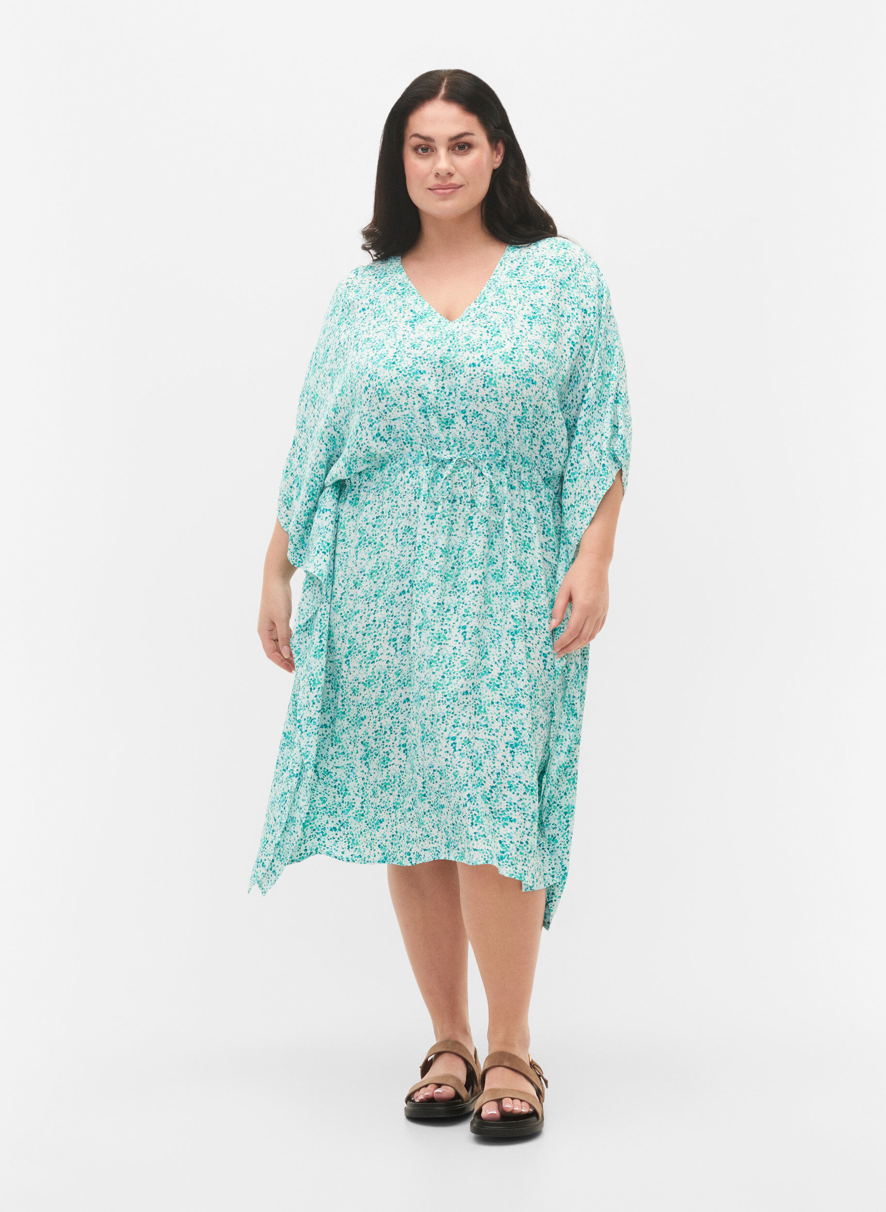 Zizzi Sukienka kaftan z wiskozy z nadrukiem, Green Dot, Model image number 3