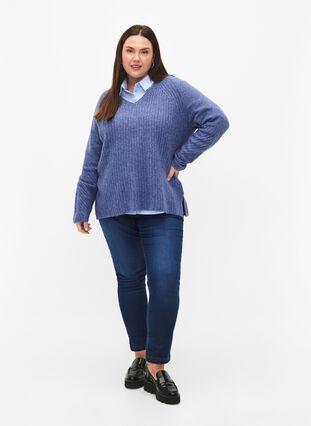 Dzianinowy sweter z rozcieciem, Gray Blue Mel., Model image number 2