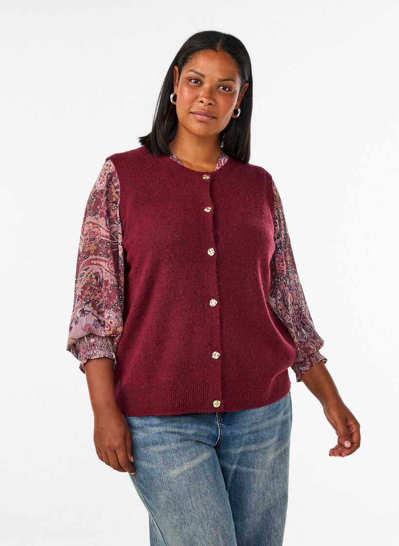 Bezrekawnik dzianinowa z ozdobnymi guziki, Ciemnobordowy, Model image number 0