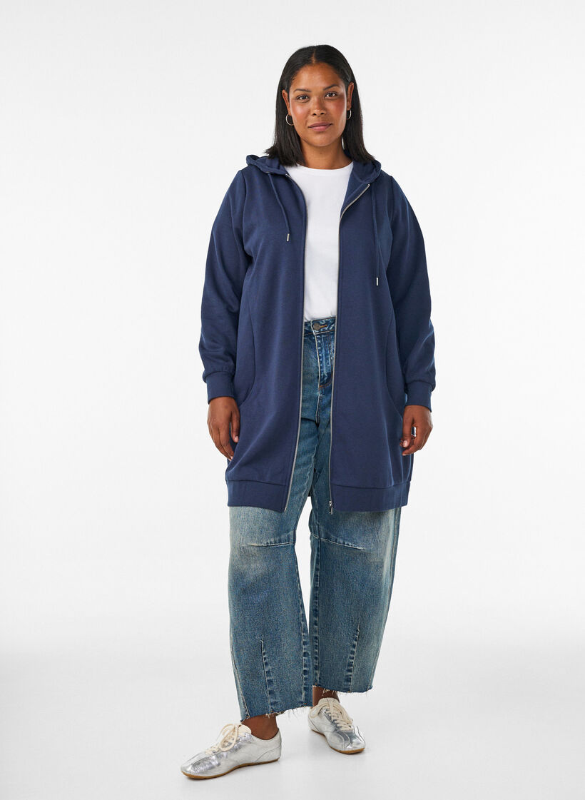 Dluga bluza z kapturem, zamkiem blyskawicznym i kieszeniami, Niebieskie, Model image number 1