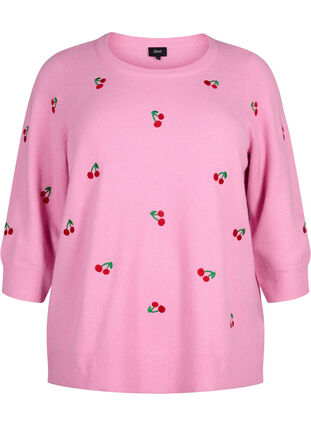 Dzianinowa bluzka z rekawem 3/4 z wisnia, B.Pink/Wh.Mel/Cherry, Packshot image number 0