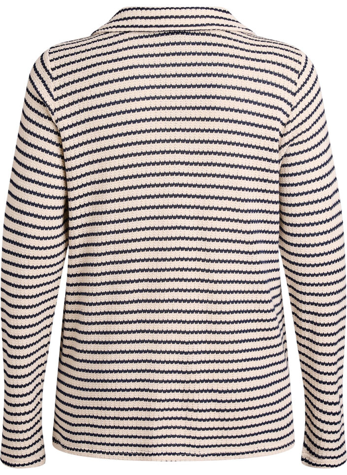 Dzianinowa bluzka w paski z kolnierzykiem i dekoltem V, Beżowy, Packshot image number 1