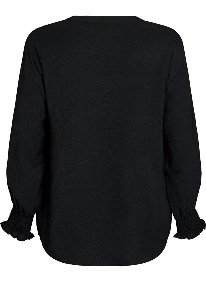 Bluzka z bufiastymi mankietami i dekoltem w ksztalcie litery V, Czarne, Packshot image number 1