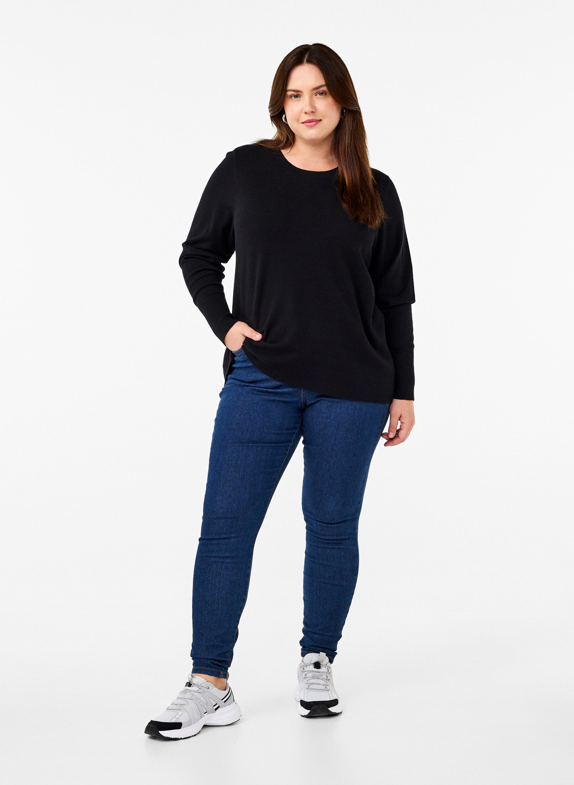 ZizziDzianinowa bluzka z okraglym dekoltem, Czarne, Model image number 1