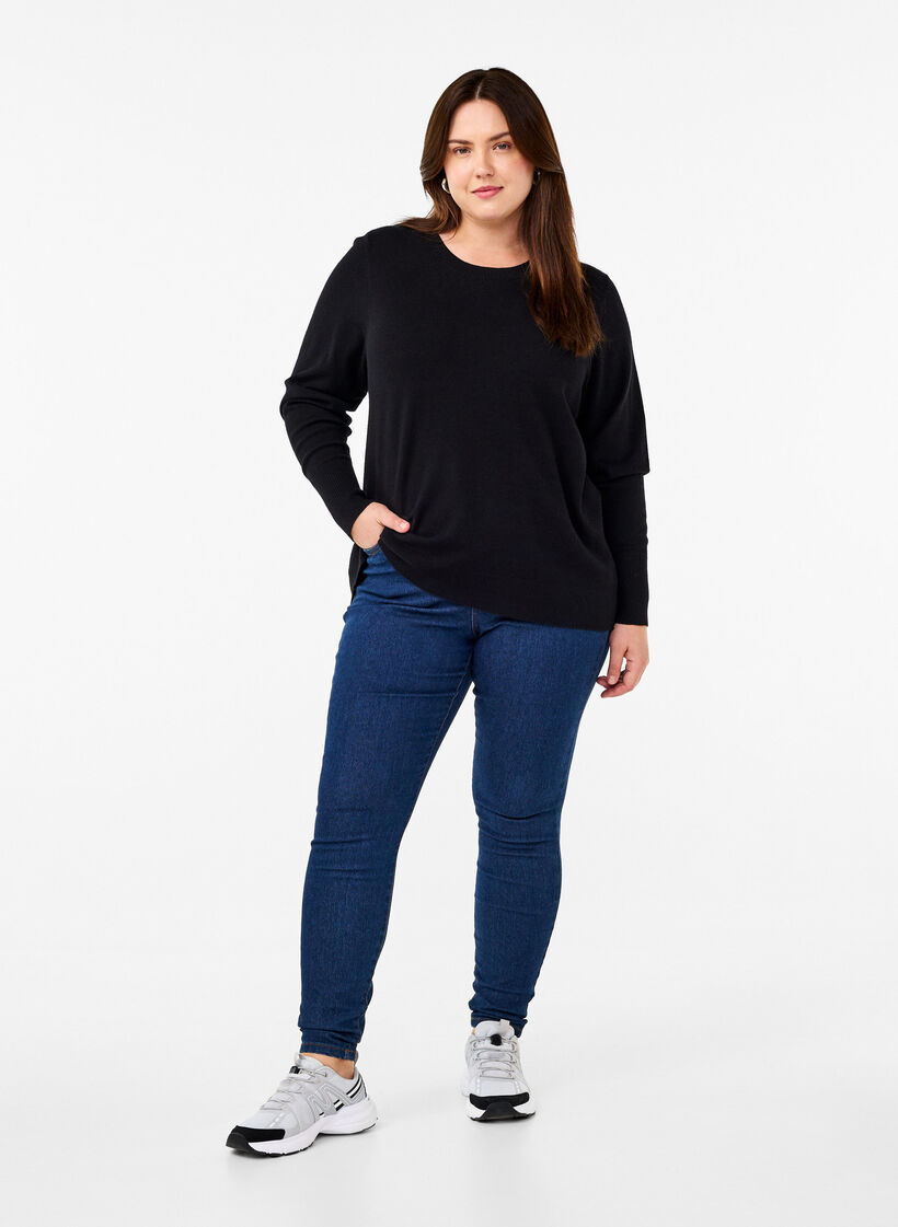 Dzianinowa bluzka z okraglym dekoltem, Czarne, Model image number 1