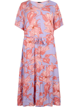 Wiskozowa sukienka midi z krótkim rekawem i kwiatowym nadrukiem, Lavender Flower, Packshot image number 0