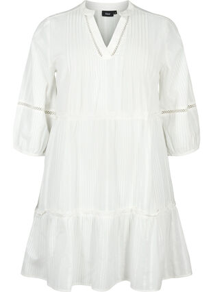 Bawelniana sukienka z rekawem 3/4 i marszczeniami, Bright White, Packshot image number 0