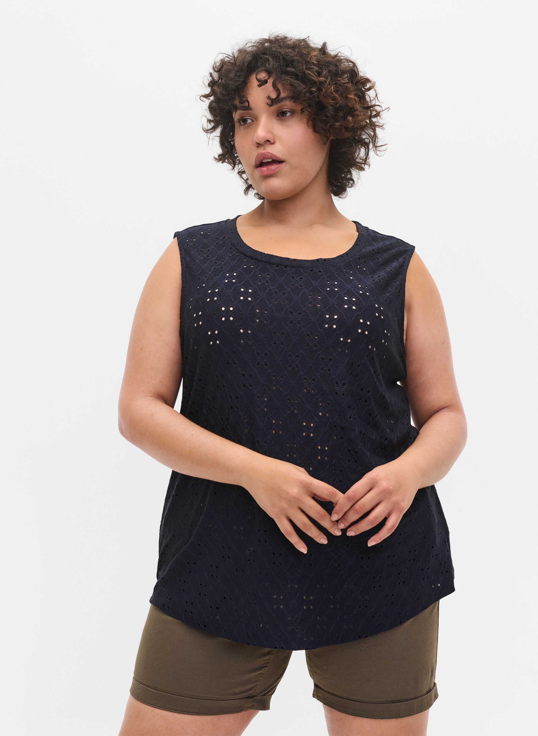 Zizzi Top with broderie anglaise, Night Sky, Model image number 0