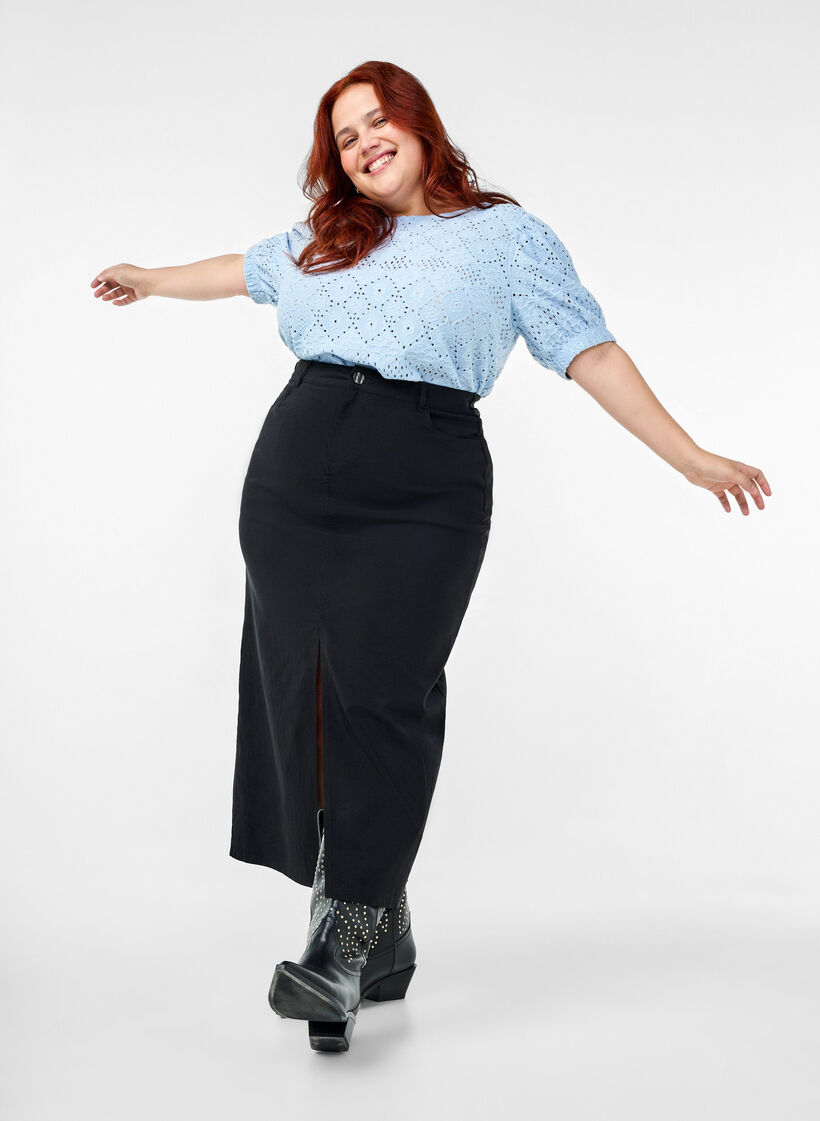 Bluzka z krótkim rekawem i koronkowym wzorem, Cashmere Blue, Image image number 0