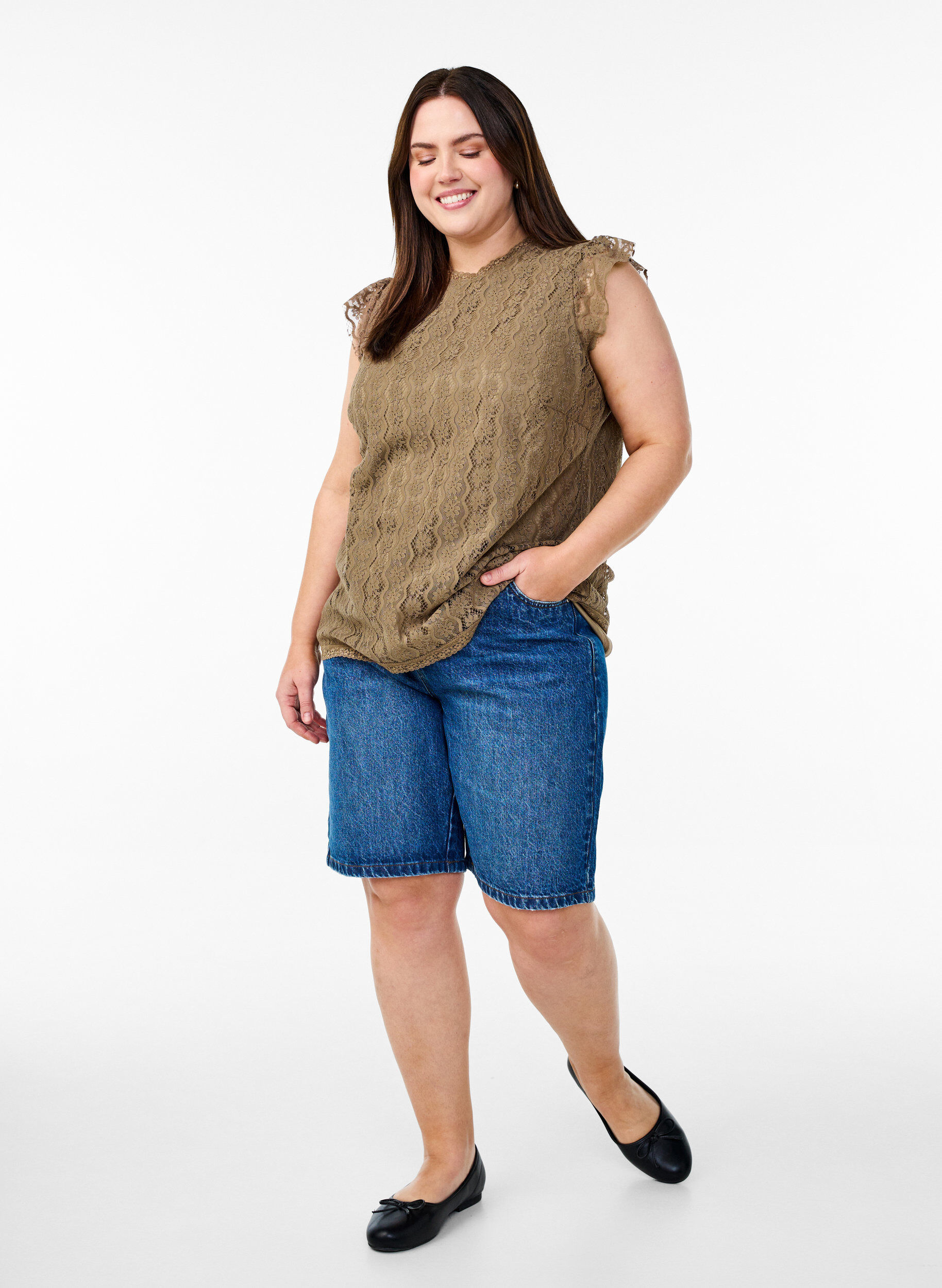 Zizzi Koronkowy top z falbankami, Brązowy, Model image number 1