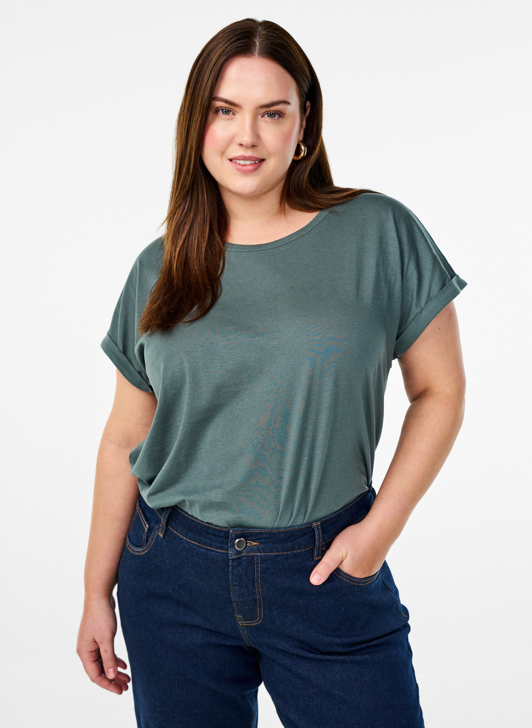 T-shirt z kr&oacute;tkim rekawem z mieszanki bawelny, Zielony, Model