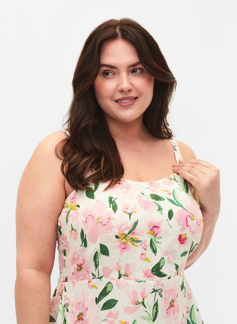 Marszczona wiskozowa sukienka w kwiaty, na ramiaczkach, Off White Flower, Model image number 2