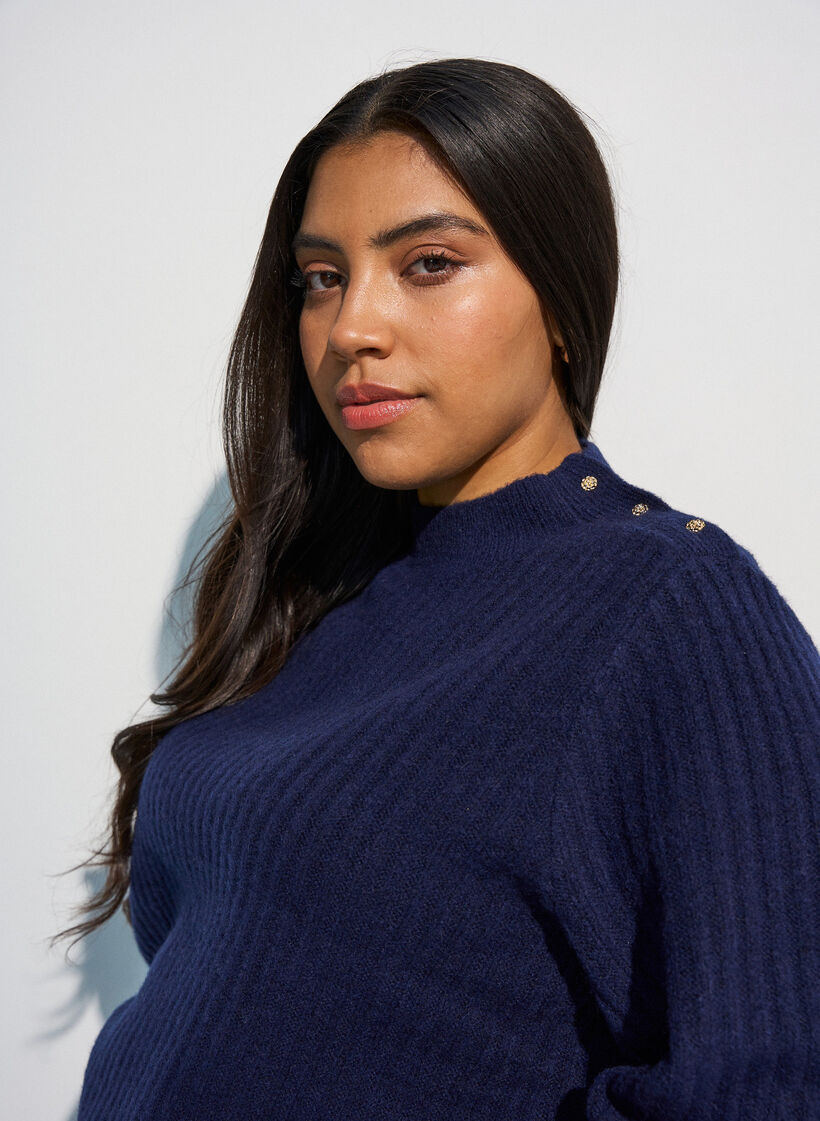 Prazkowany sweter z bufiastymi rekawami i guzikami, Niebieskie, Model image number 3