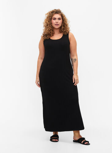 Prazkowana sukienka z wiskozy bez rekawów, Black, Model image number 0