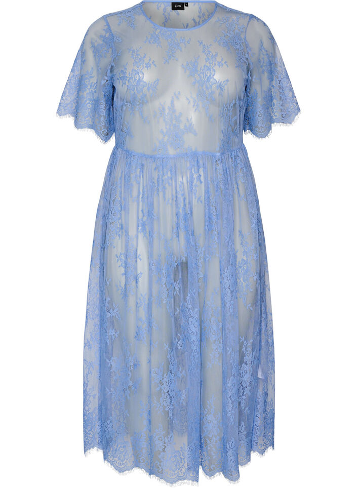 Sukienka midi z koronki z kr&oacute;tkim rekawem, Fioletowy, Packshot image number 0