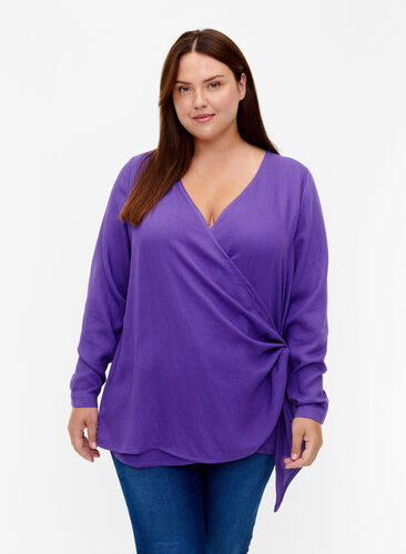 Bluzka z wiskozy w stylu kopertowym z dlugim rekawem, Prism Violet, Model image number 0