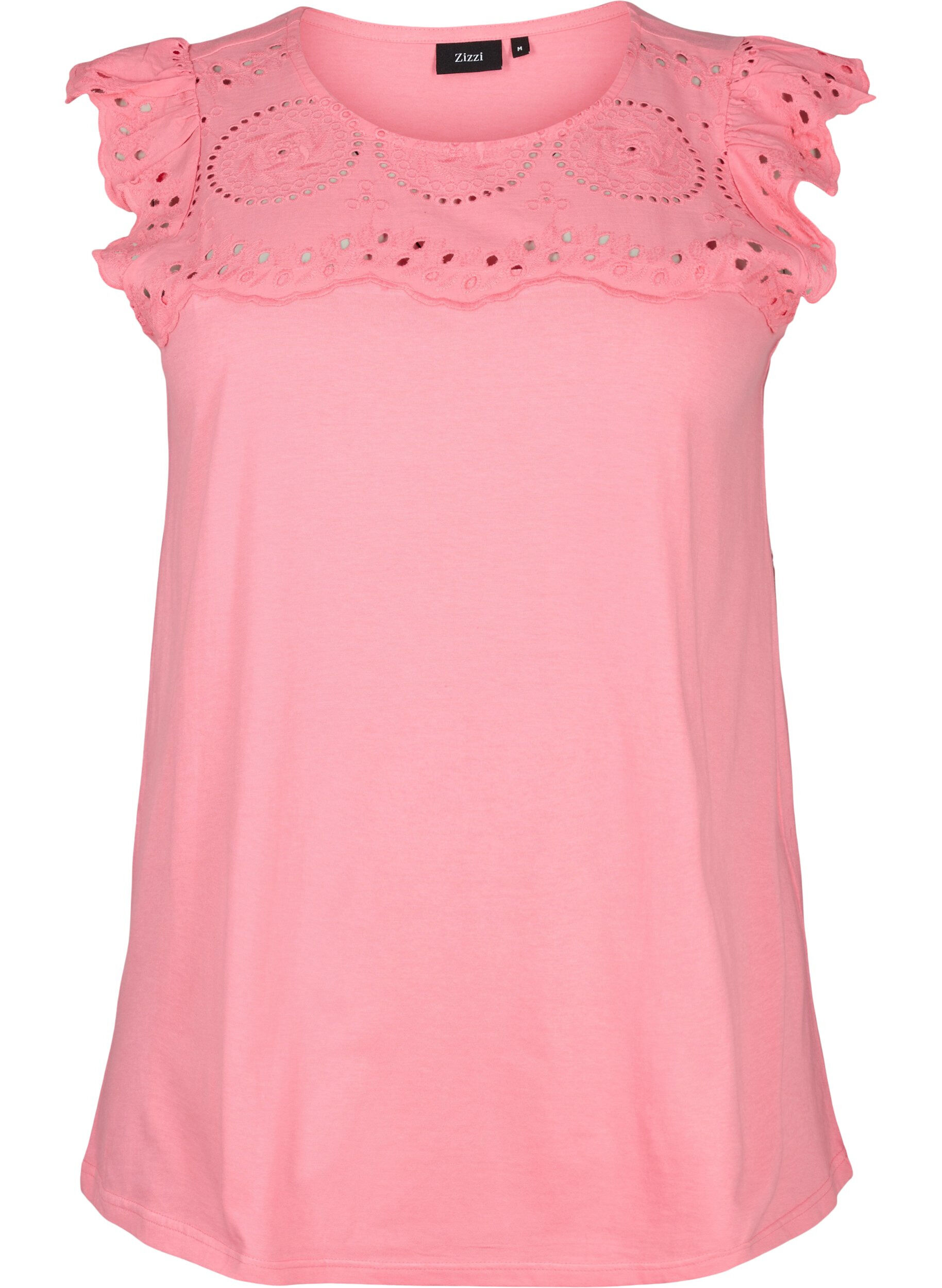 Zizzi T-shirt z organicznej bawelny z haftem angielskim, Strawberry Pink , Packshot image number 0