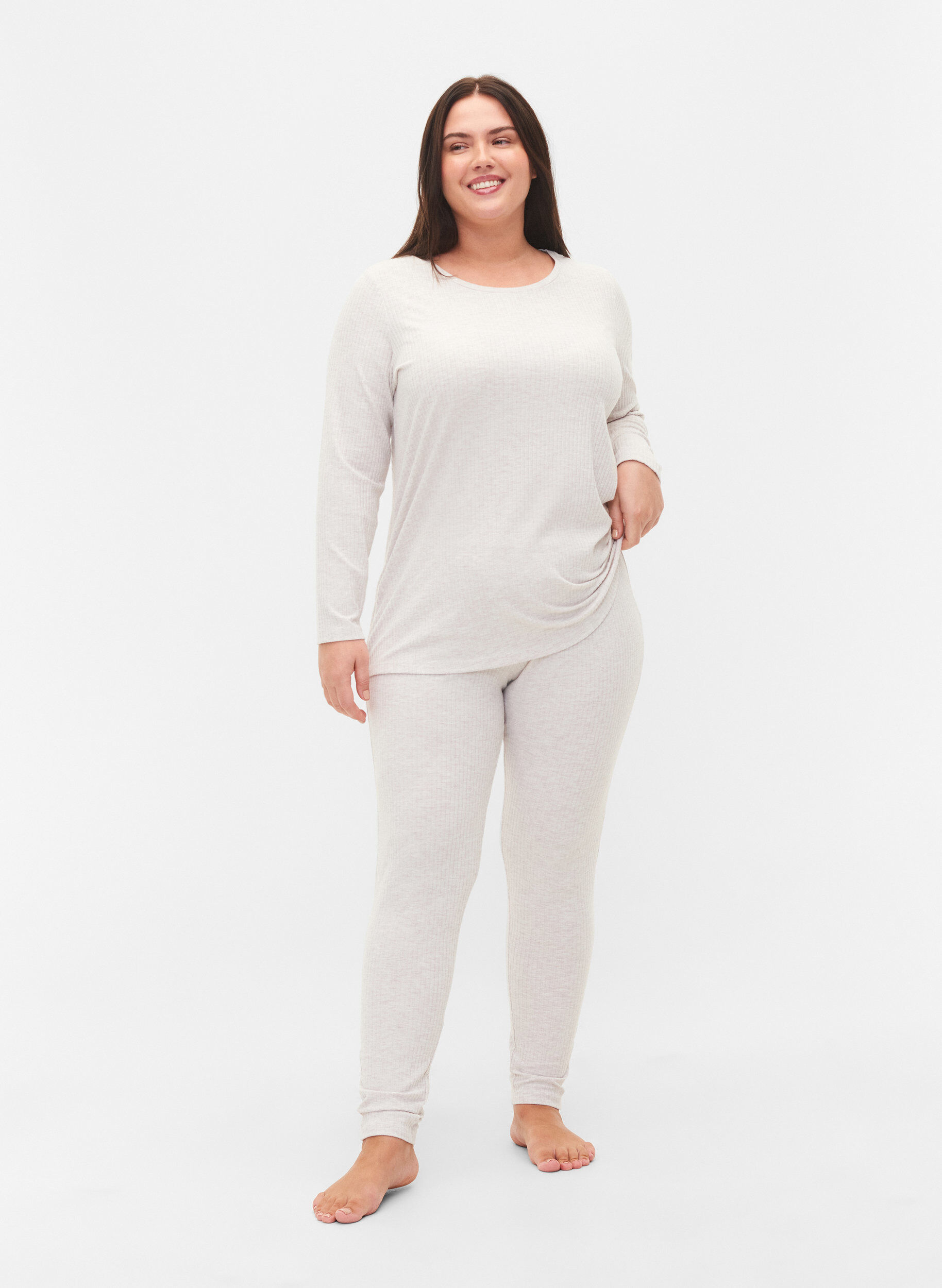 Zizzi Tight-fitting trousers in rib, Natural M&eacute;lange, Model image number 0