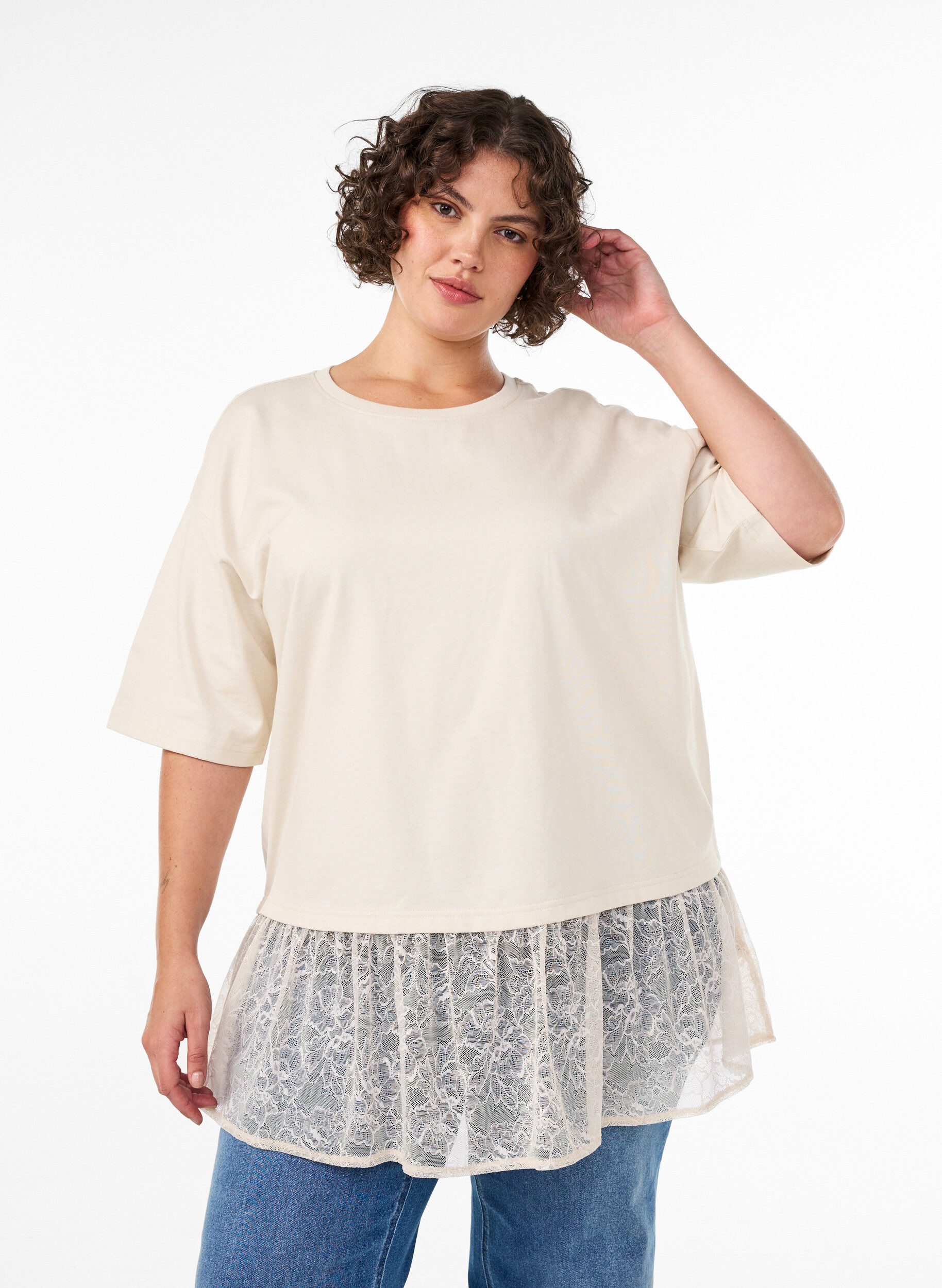 ZizziLuzny T-shirt z szerokim koronkowym wykonczeniem, Biały, Model image number 0
