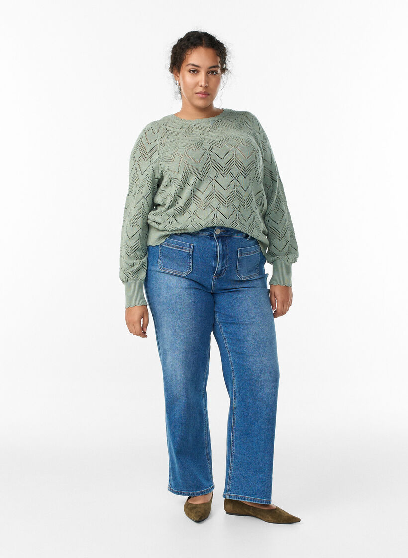 Bluzka z dzianiny w krate z falistym brzegiem i okraglym dekoltem, Zielony, Model image number 1