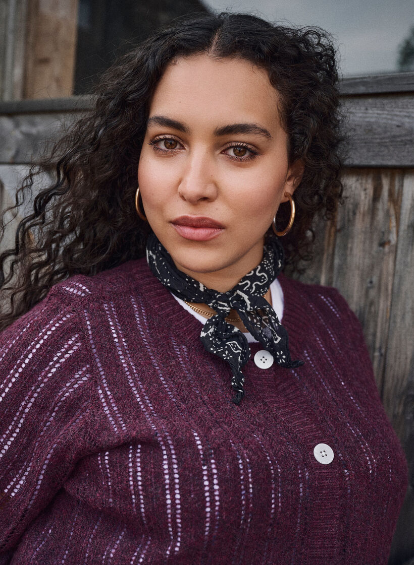 Dzianinowy kardigan z azurowym wzorem, Ciemnobordowy, Image image number 0