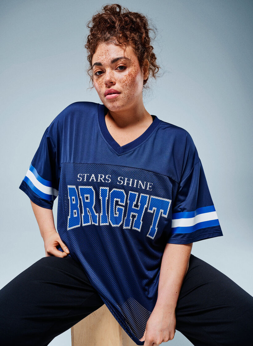 Koszulka treningowa z dekoltem w ksztalcie litery V i nadrukiem z przodu, Niebieskie, Image