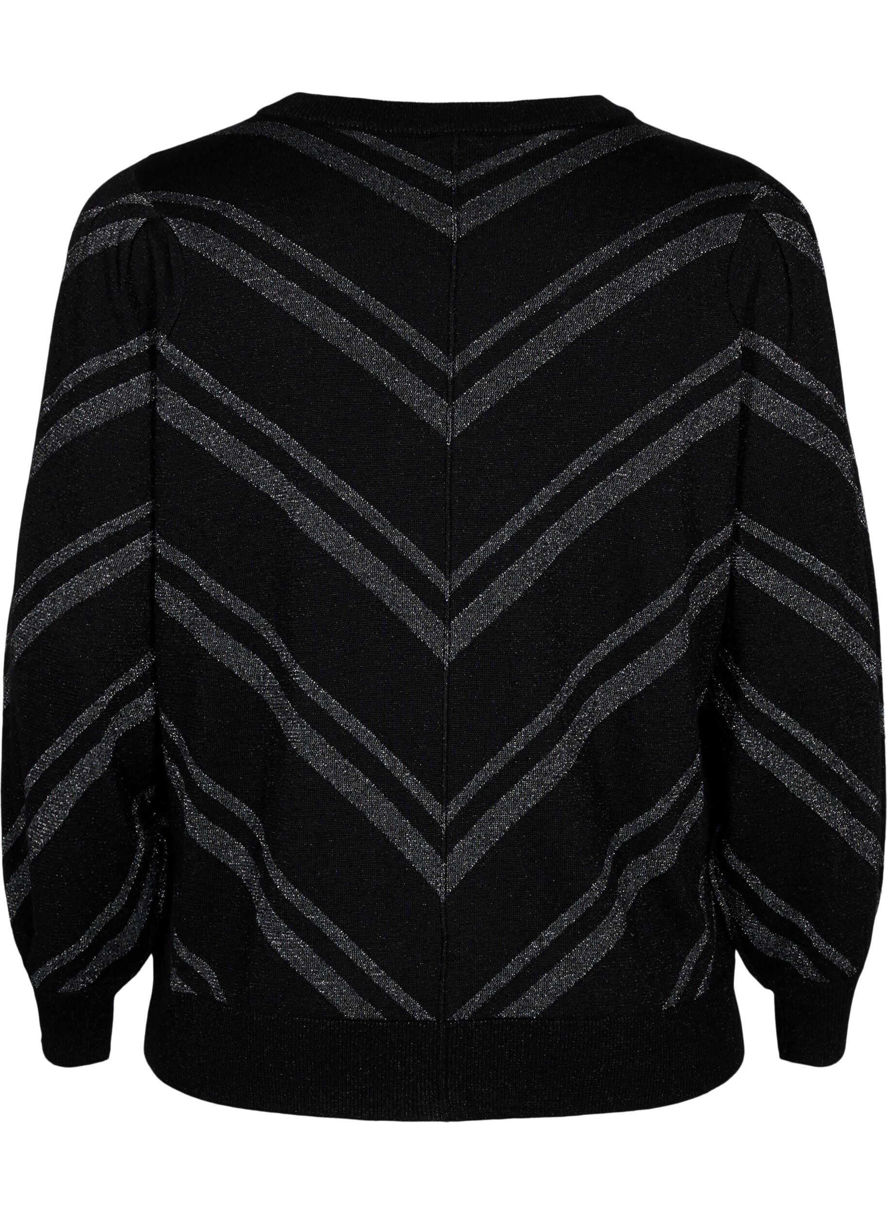 Zizzi Blyszczacy, dzianinowy sweter z okraglym dekoltem, Black w.S.L.Stripes, Packshot image number 1