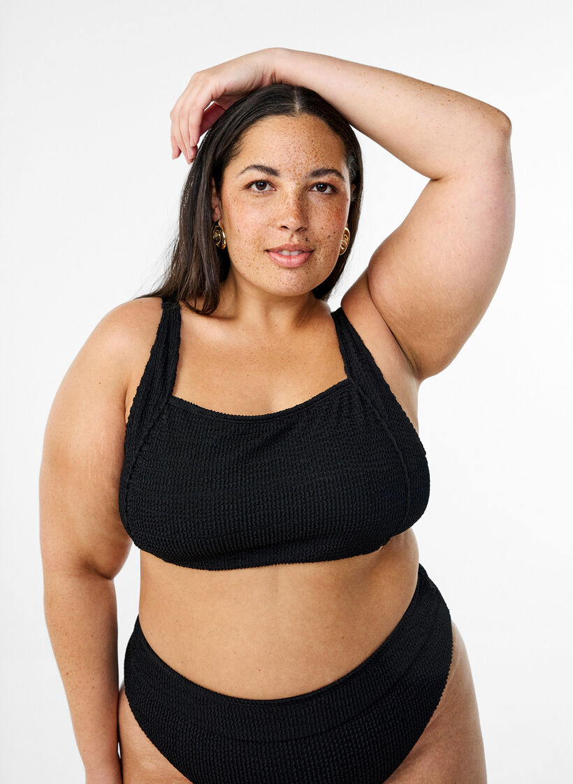 Góra od bikini z krepy z regulowanymi ramiaczkami, Czarne, Model image number 0