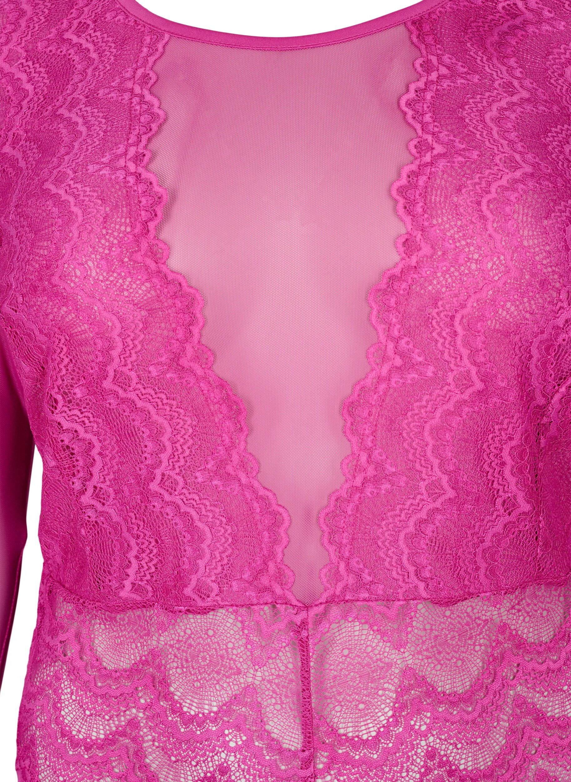Zizzi Bodystocking z koronka i siateczka, Fuchsia Red, Packshot image number 2