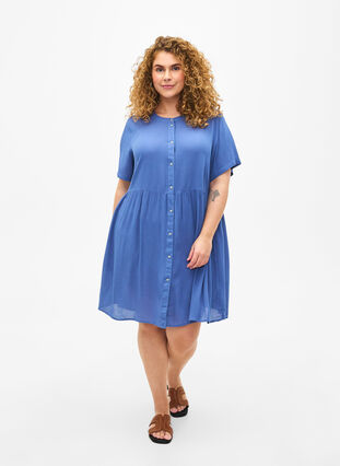 Trapezowa sukienka z wiskozy z krótkimi rekawami, Moonlight Blue, Model image number 2